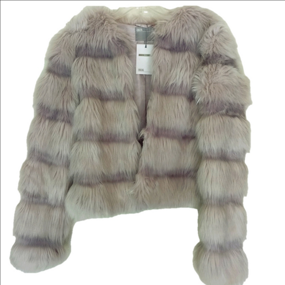 ASOS Jackets & Blazers - ASOS Design Tall Cropped Faux Fur Jacket Clasp Closure Gray Light Pinks US SZ 4